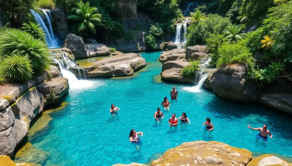 27 Waterfalls of Damajagua with tourists enjoying the natural pools