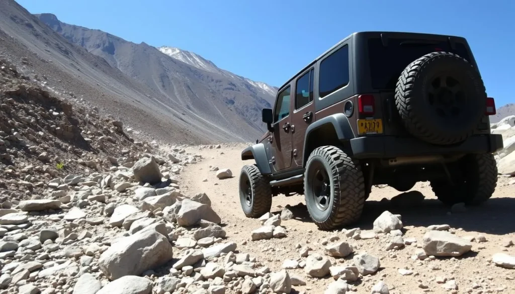 4WD Jeep navigating a rocky section of Engineer Pass Road 4WD Jeep navigating a rocky section of Engineer Pass Road