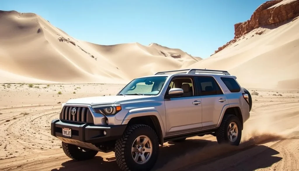 4WD vehicle navigating the Medano Pass Primitive Road with sand dunes in the background