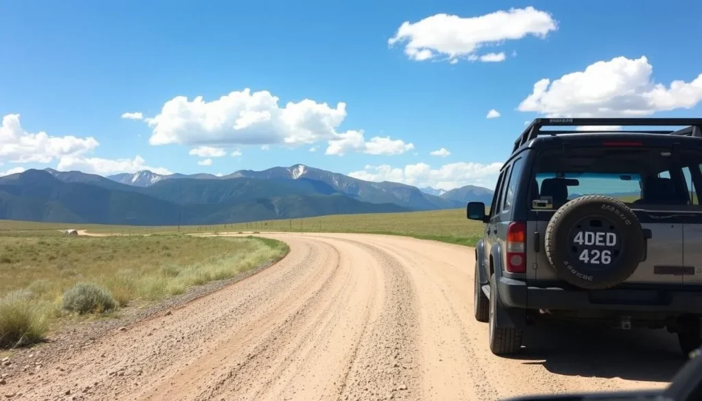 4WD vehicle navigating the gravel section of Flat Tops Trail Scenic Byway with mountain backdrop 4WD vehicle navigating the gravel section of Flat Tops Trail Scenic Byway with mountain backdrop