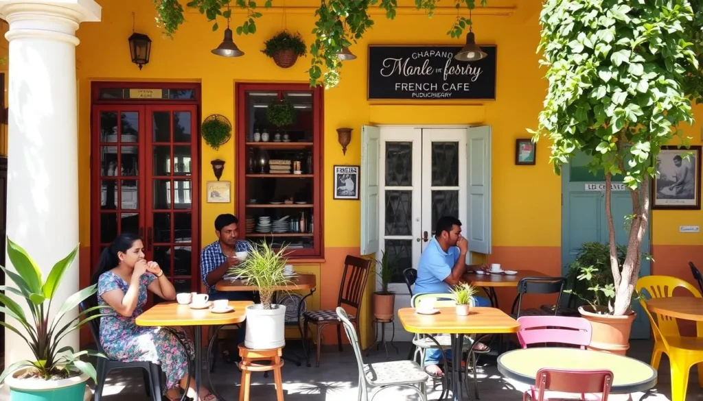 A French-inspired café in Puducherry with outdoor seating and colorful decor