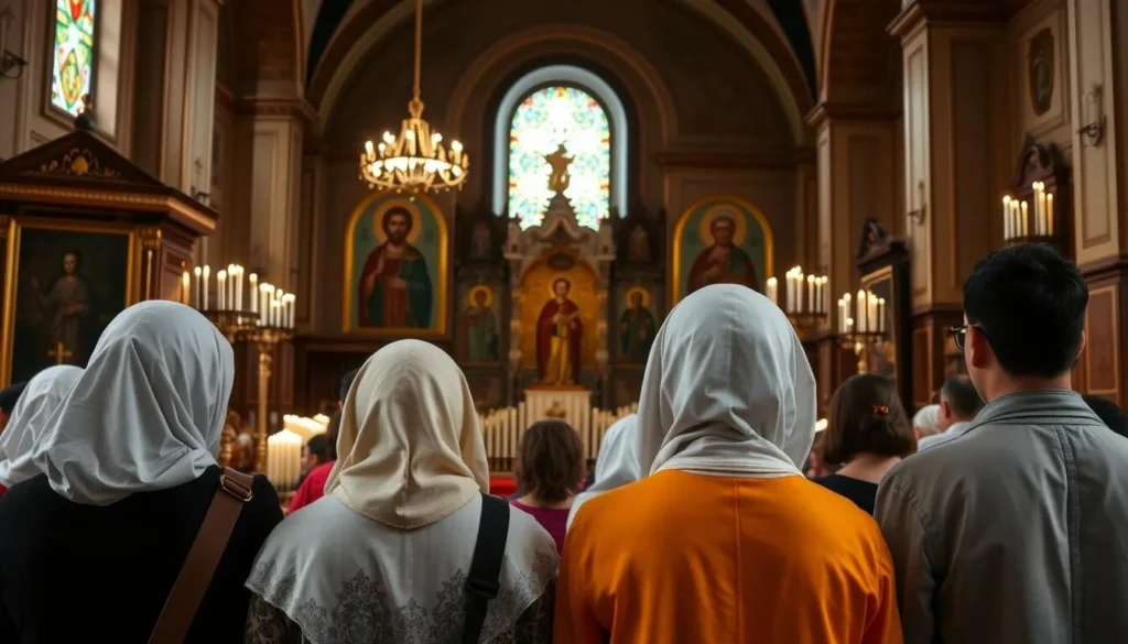 A Russian Orthodox church service in Tula Oblast with visitors observing proper etiquette