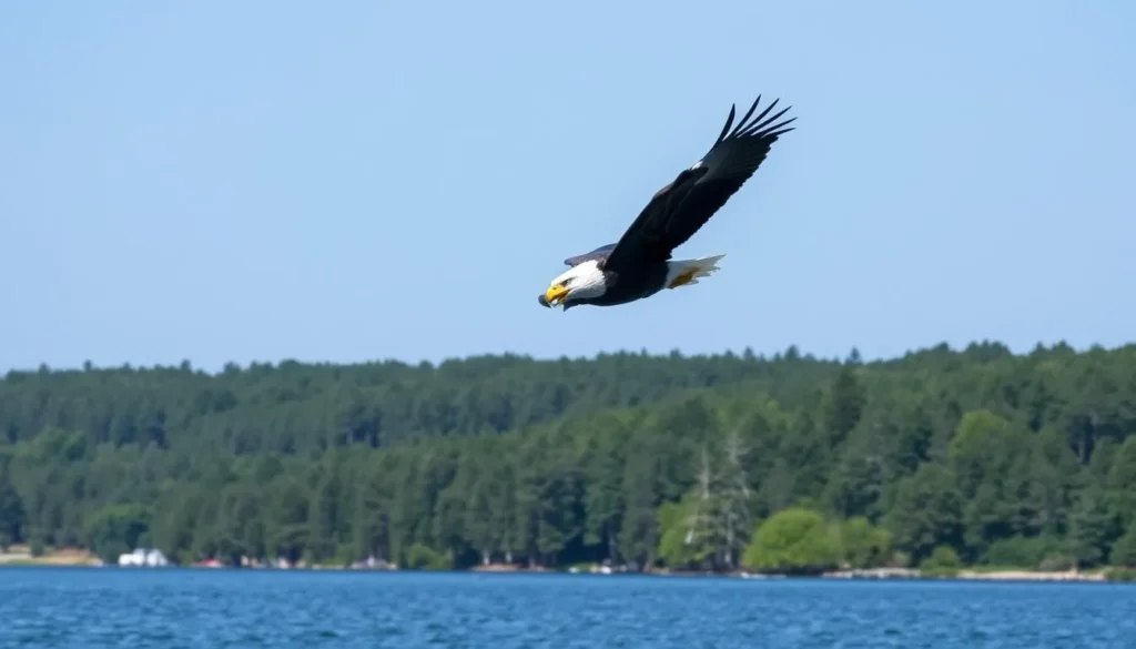 A bald eagle soaring over Spring Lake with forested shoreline in the background