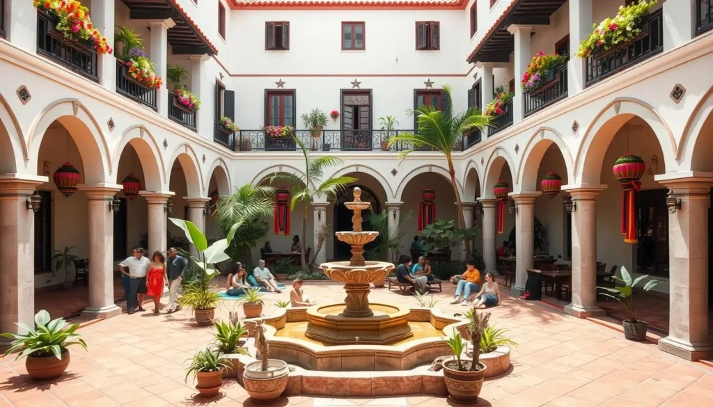 A beautiful boutique hotel courtyard in Mexico with traditional architecture and colorful decorations
