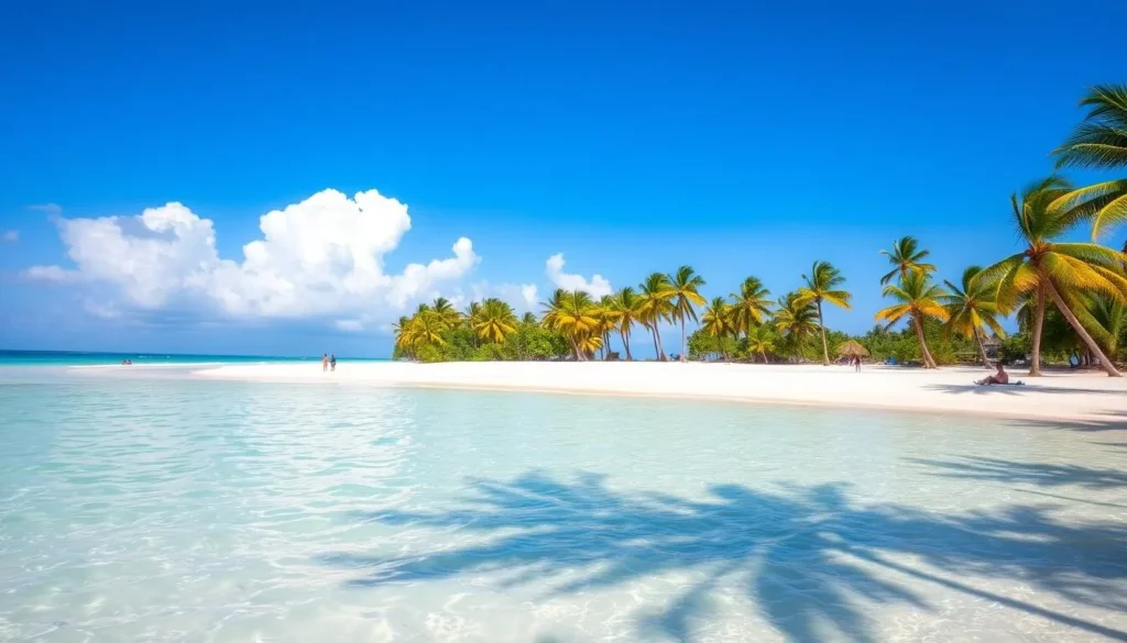 A beautiful sunny day at Playa Rincon beach in Samana Peninsula with palm trees and clear blue water