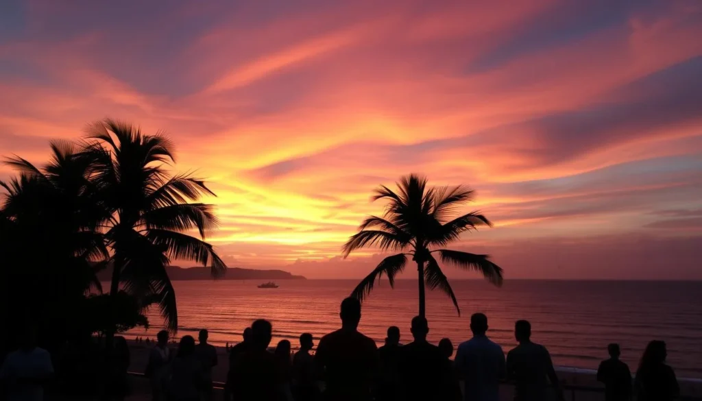 A beautiful sunset over Banderas Bay in Puerto Vallarta with silhouettes of palm trees and the colorful sky reflecting on the ocean