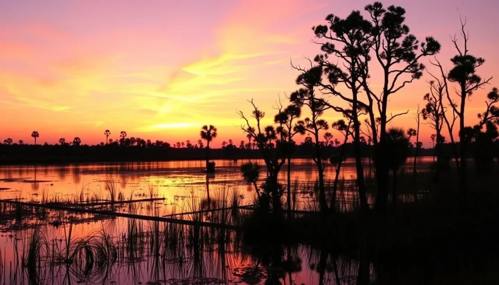 A beautiful sunset over the Louisiana wetlands with cypress trees silhouetted against the colorful sky