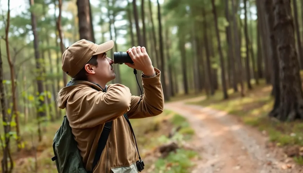 A birdwatcher with binoculars observing birds in Tunica Hills Wildlife Management Area