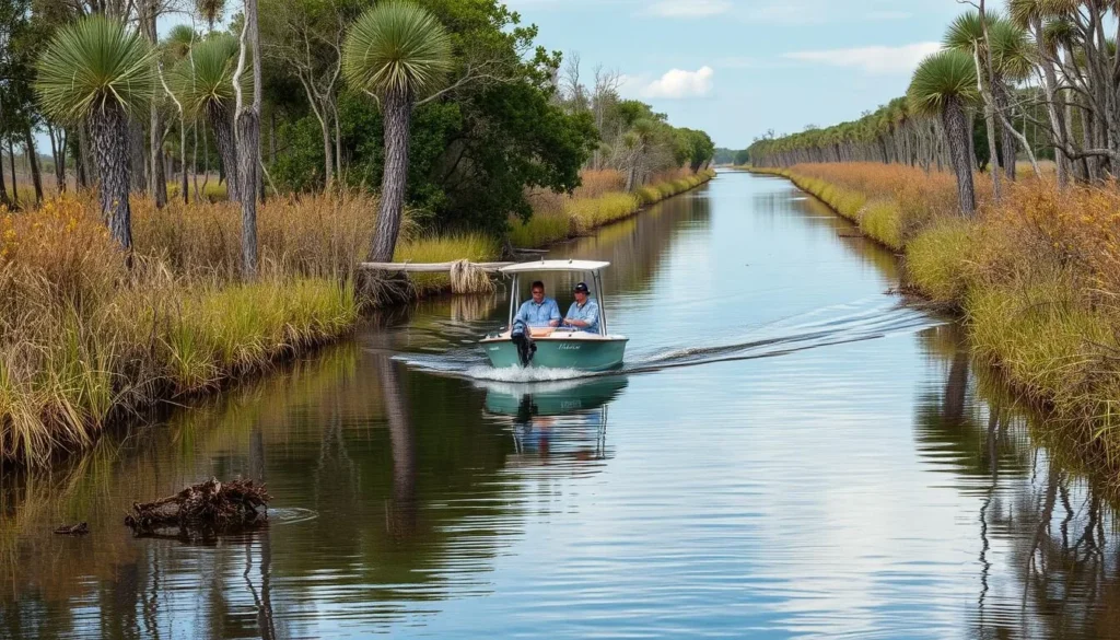 A boat navigating through the narrow waterways of Pecan Island marshlands A boat navigating through the narrow waterways of Pecan Island marshlands