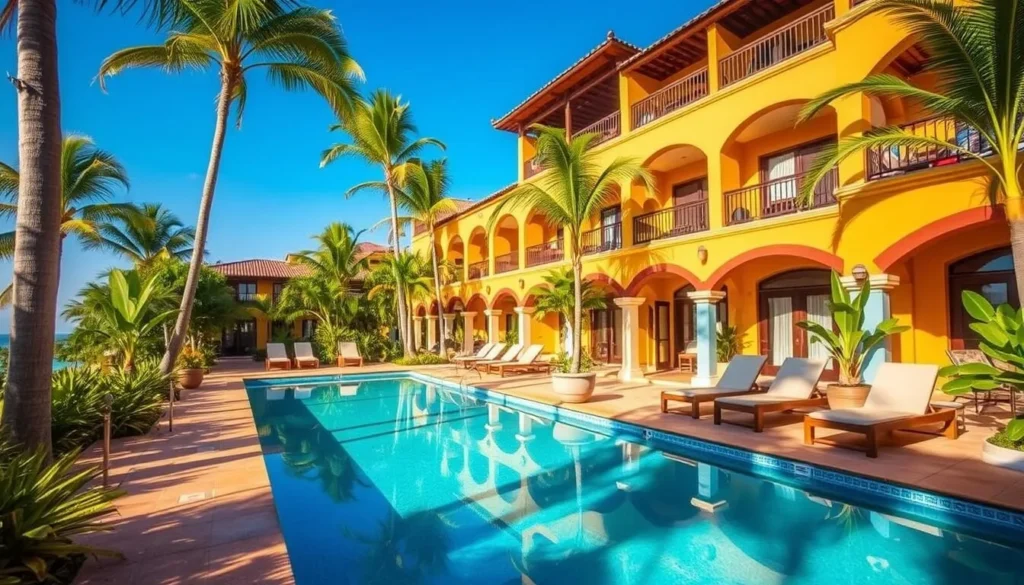 A boutique hotel in Sayulita with a pool surrounded by tropical plants and colorful Mexican decor