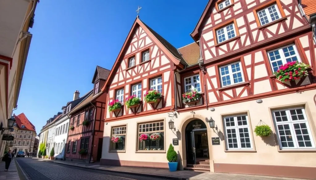 A charming half-timbered hotel in Schwerin's Old Town with flower boxes and traditional architecture