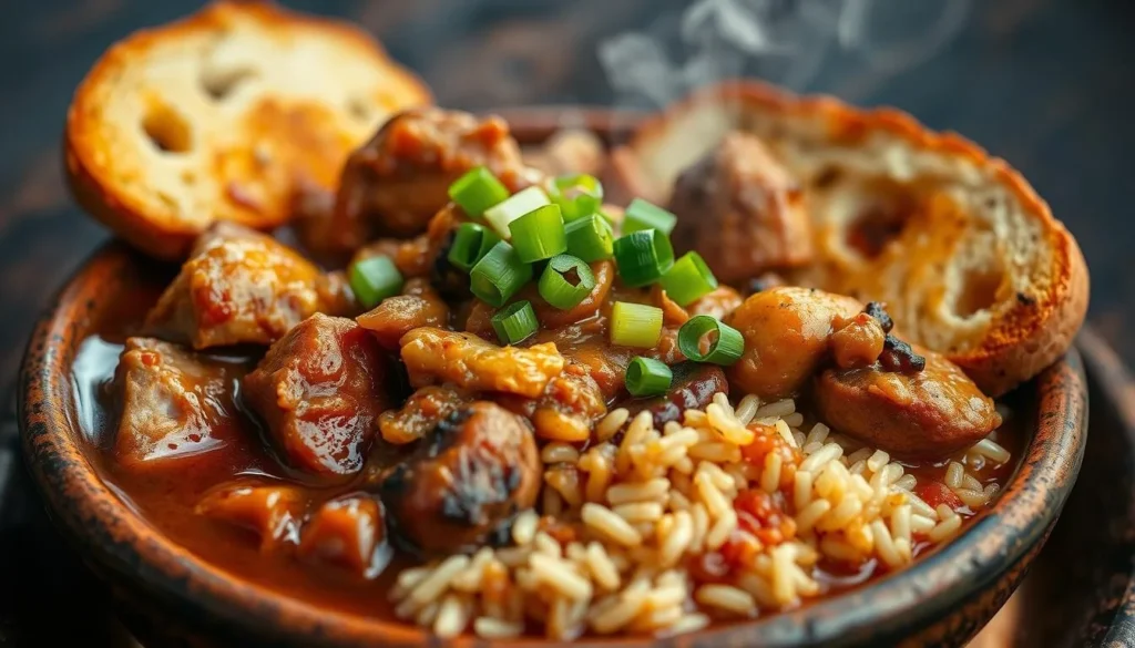 A close-up of a classic Cajun dish like gumbo or jambalaya served along the Southern Swamps Byway Louisiana