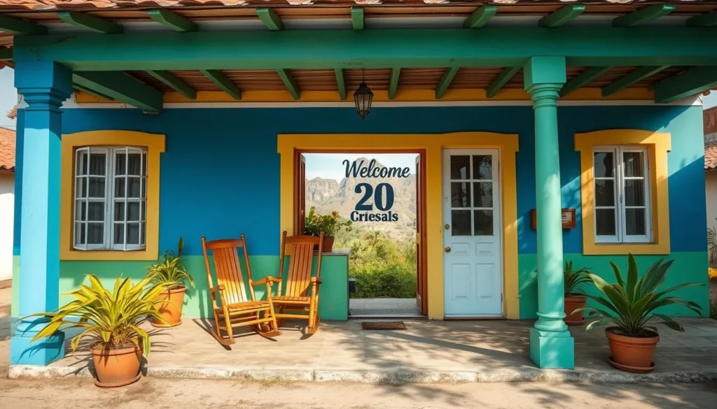 A colorful casa particular in Vinales with rocking chairs on the porch and mogotes visible in the background