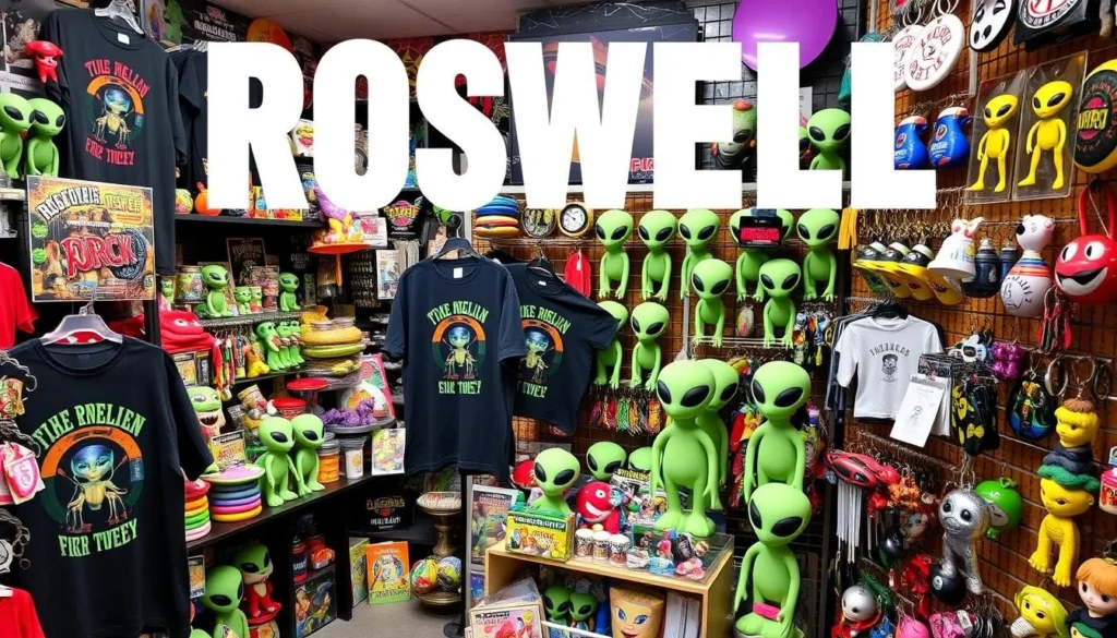 A colorful display of alien-themed souvenirs and merchandise in a Roswell gift shop A colorful display of alien-themed souvenirs and merchandise in a Roswell gift shop
