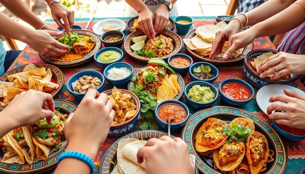 A colorful spread of authentic Mexican dishes including tacos, guacamole, and salsas
