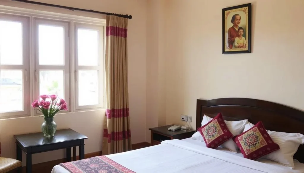A comfortable hotel room in Aurangabad with traditional decor elements