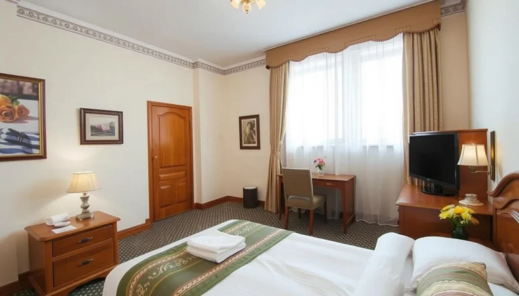 A comfortable hotel room in Lipetsk with traditional Russian design elements and modern amenities