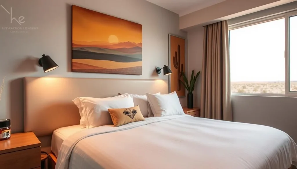 A comfortable hotel room in Roswell with southwestern decor and subtle alien-themed accents A comfortable hotel room in Roswell with southwestern decor and subtle alien-themed accents