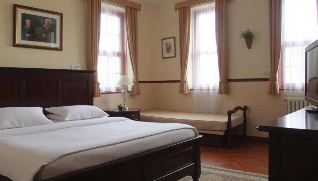 A comfortable hotel room in Tula with traditional Russian decorative elements