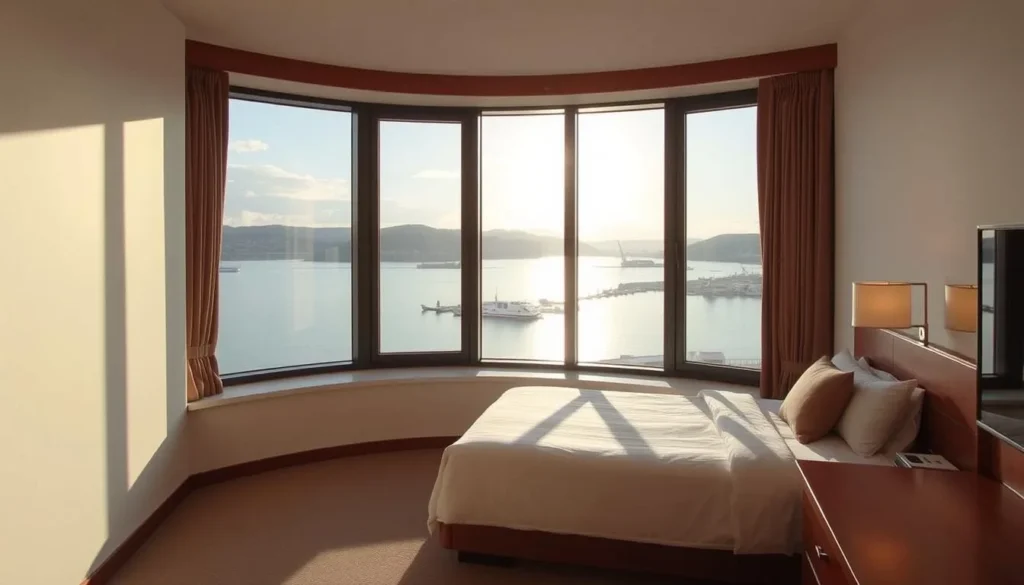 A comfortable hotel room with large windows overlooking Vladivostok's Golden Horn Bay A comfortable hotel room with large windows overlooking Vladivostok's Golden Horn Bay