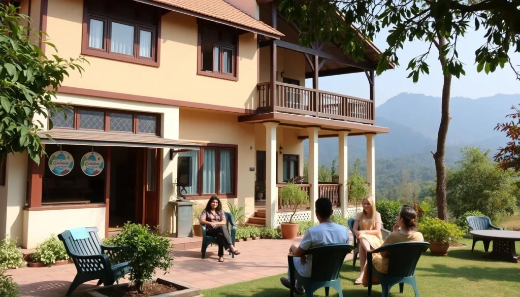 A comfortable resort in Pachmarhi with traditional architecture surrounded by gardens and mountain views