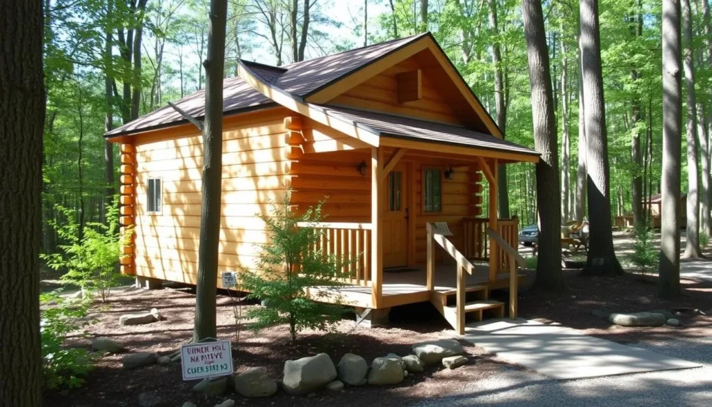 A cozy cabin accommodation near Tunnel Hill Nature Preserve surrounded by trees A cozy cabin accommodation near Tunnel Hill Nature Preserve surrounded by trees