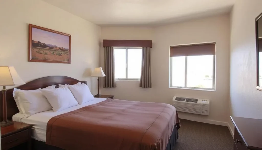 A cozy hotel room in Alamogordo with southwestern decor and a view towards White Sands National Park A cozy hotel room in Alamogordo with southwestern decor and a view towards White Sands National Park
