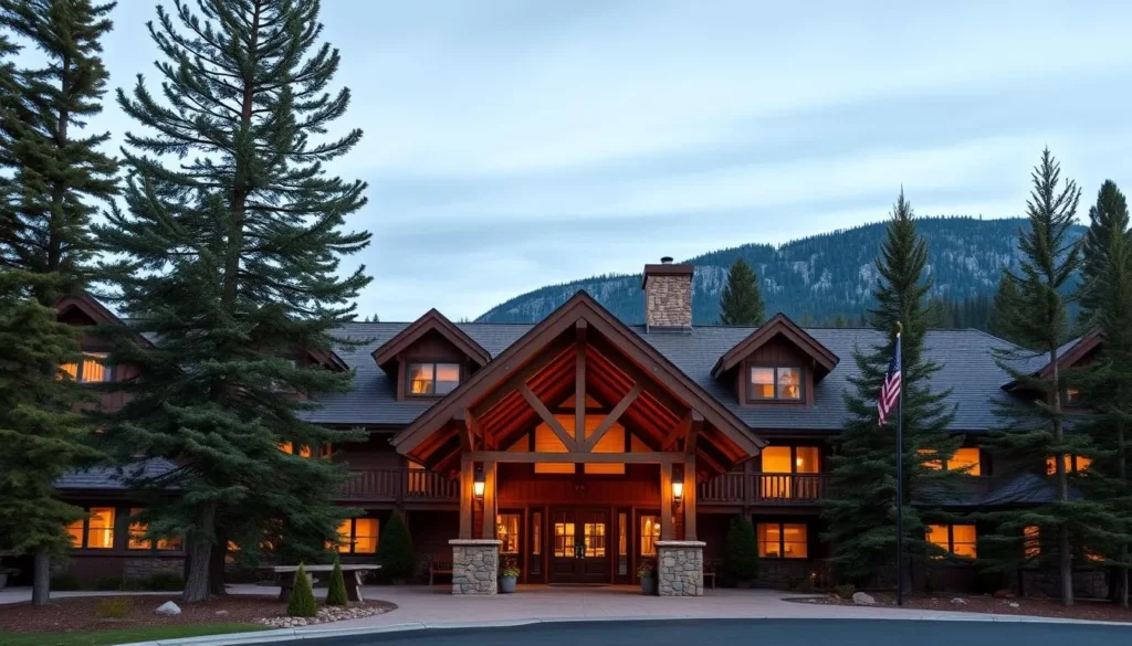 A cozy mountain lodge with wooden architecture in Eagle River surrounded by pine trees A cozy mountain lodge with wooden architecture in Eagle River surrounded by pine trees