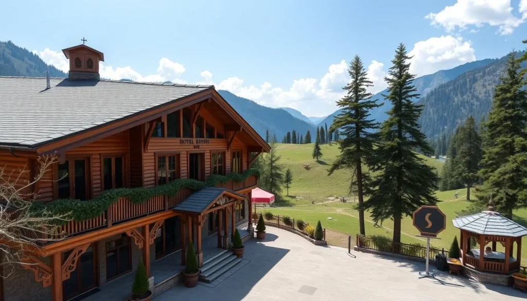 A cozy mountain resort with wooden architecture overlooking Khajjiar meadows
