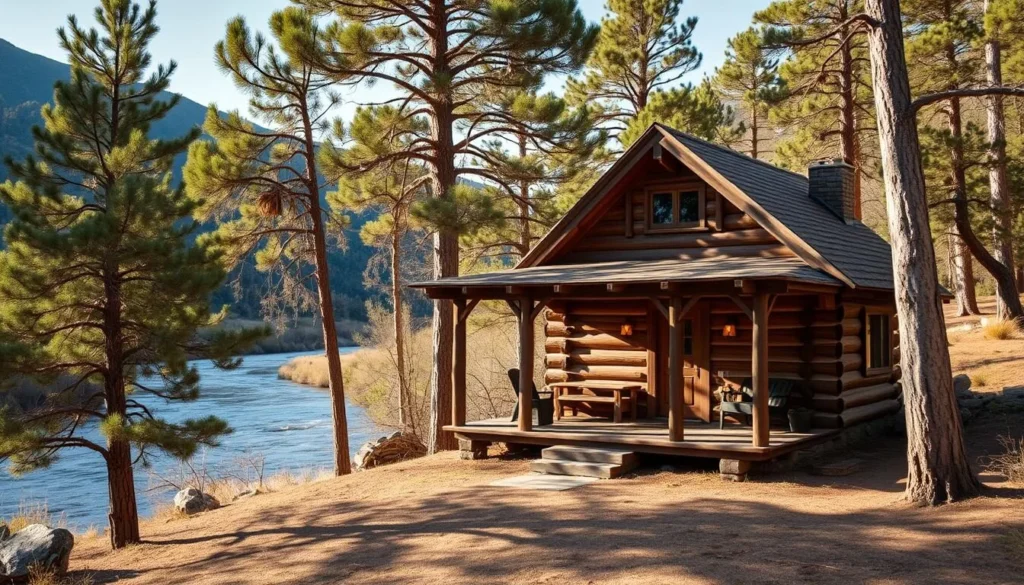 A cozy riverside cabin accommodation along the Pecos River with mountains in the background A cozy riverside cabin accommodation along the Pecos River with mountains in the background