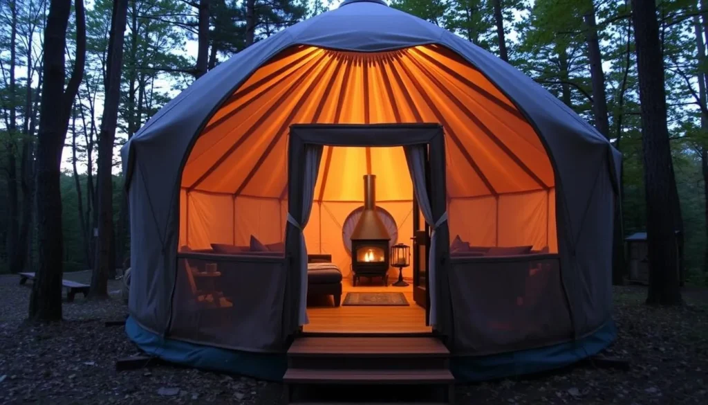 A cozy yurt accommodation at Tuscarora State Park surrounded by trees, showing one of the lodging options available for visitors