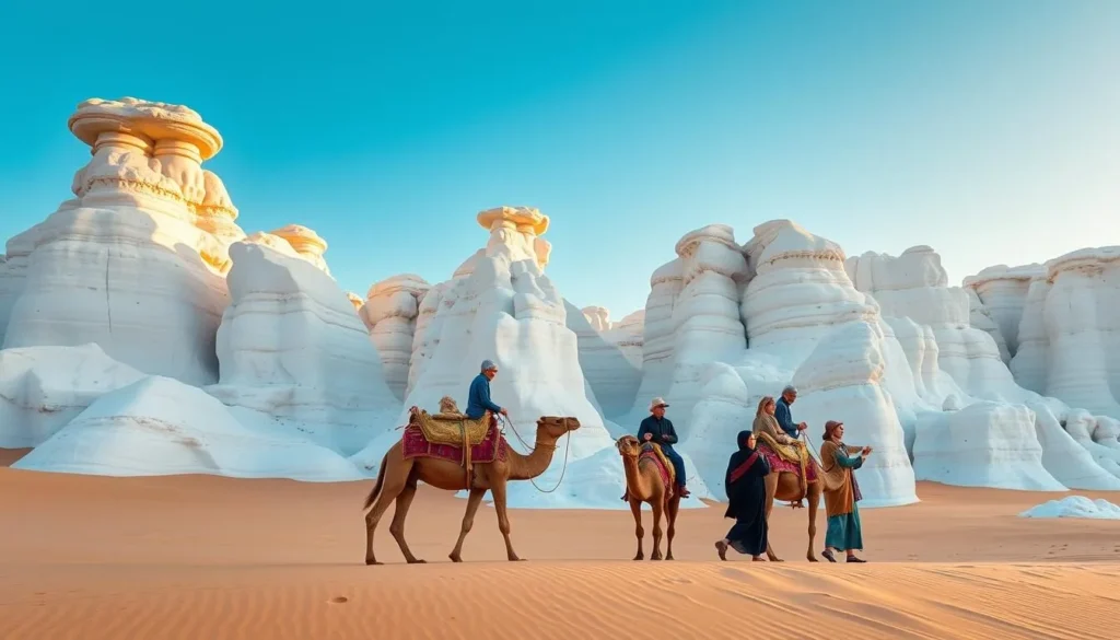 A desert safari with camels in the White Desert National Park showing unique chalk formations, one of the best things to do in Egypt