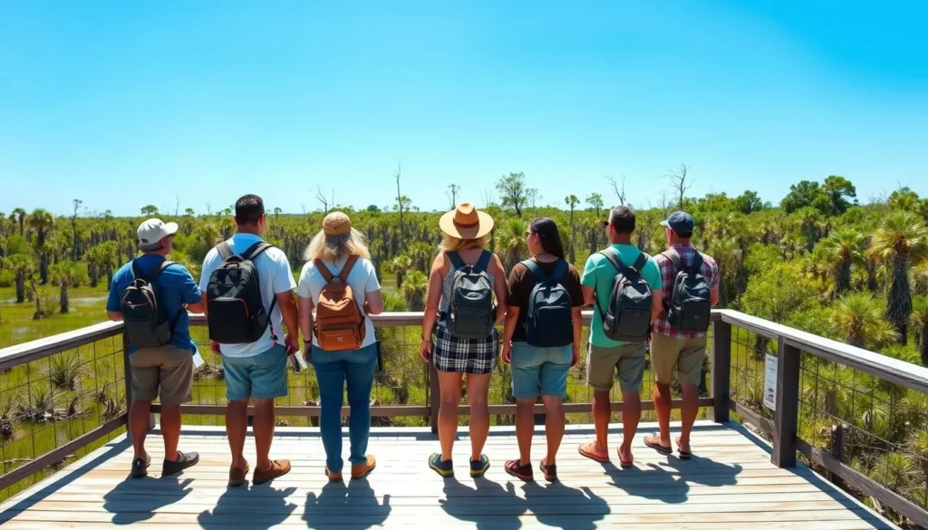 A diverse group of tourists on a wooden boardwalk overlooking a Southern Swamps Byway Louisiana wetland