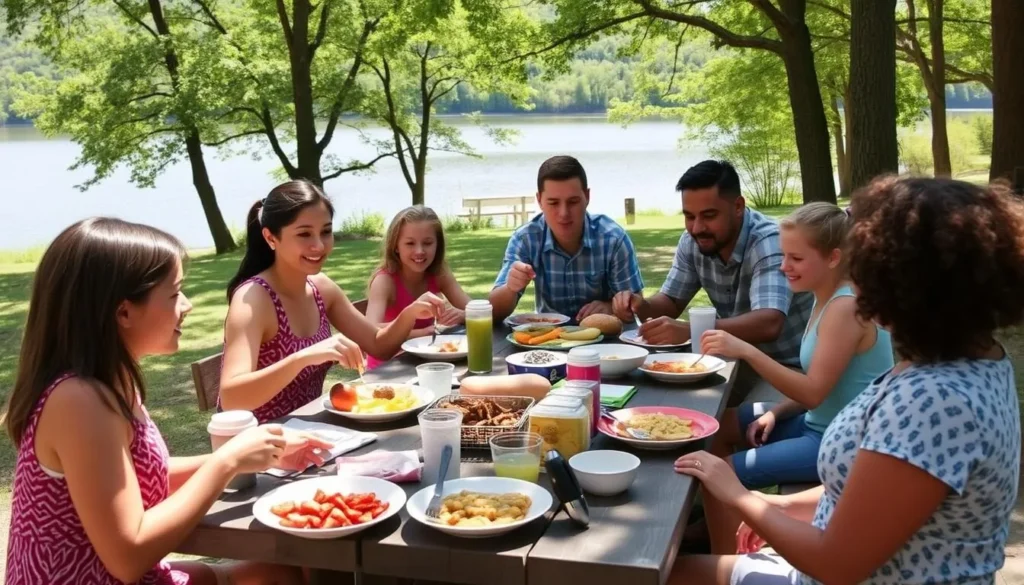 A family enjoying a picnic at one of Tuscarora State Park's designated areas with the lake view in the background