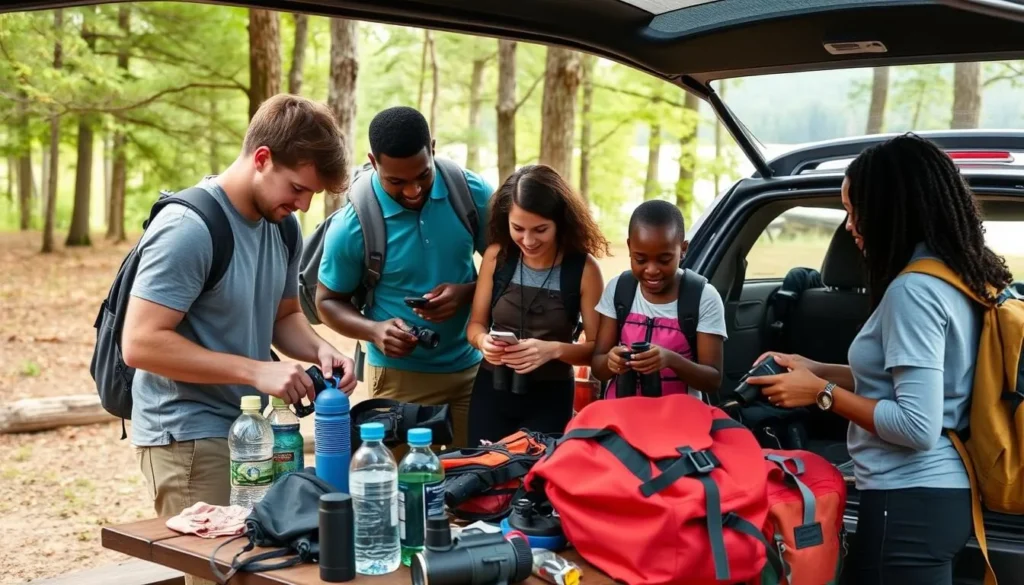 A family preparing for a day at Spring Lake State Park with proper gear and supplies
