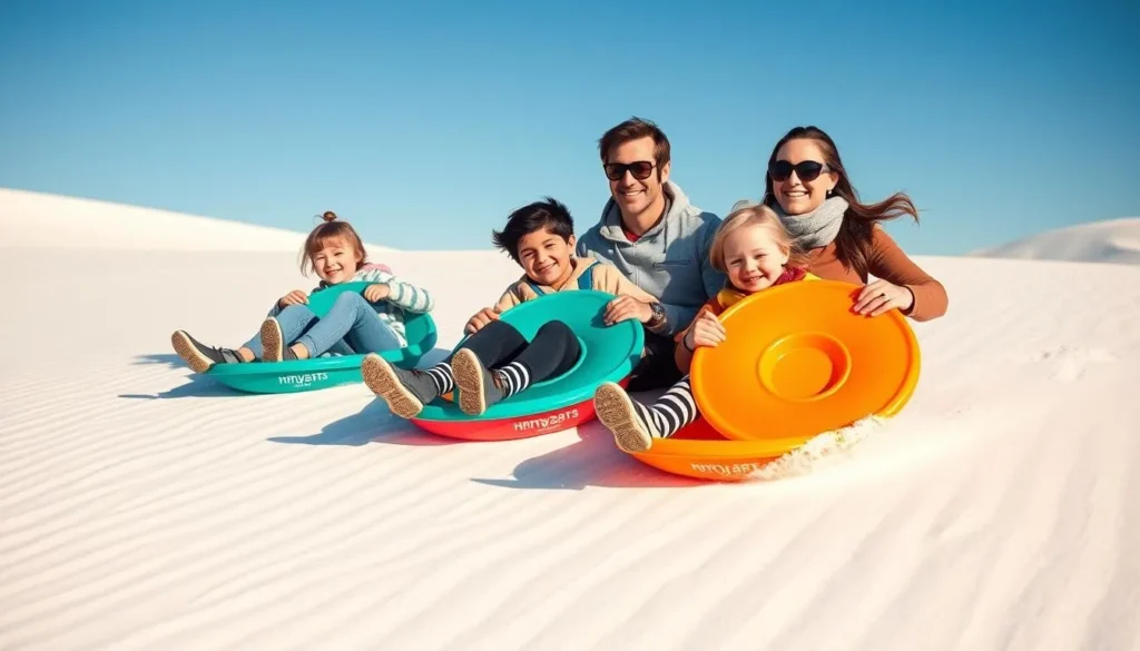 A family sledding down a white sand dune at White Sands National Park, with colorful sleds and joyful expressions A family sledding down a white sand dune at White Sands National Park, with colorful sleds and joyful expressions