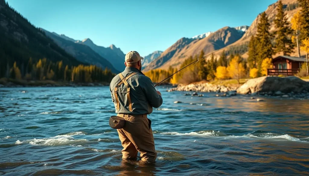 A fly fisherman casting in Eagle River with mountains in the background A fly fisherman casting in Eagle River with mountains in the background