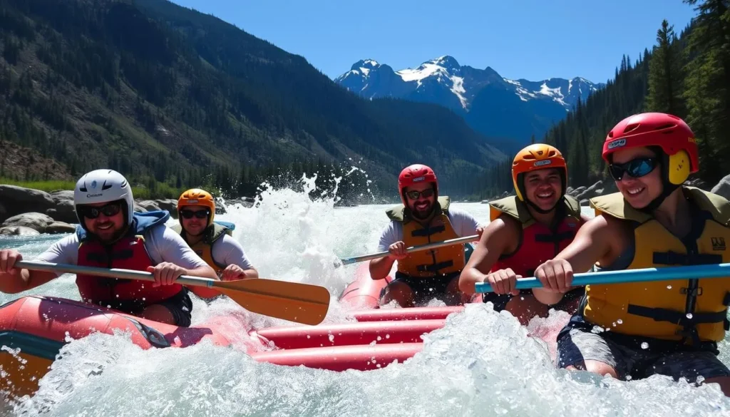 A group of rafters navigating rapids on Eagle River with mountains in background A group of rafters navigating rapids on Eagle River with mountains in background