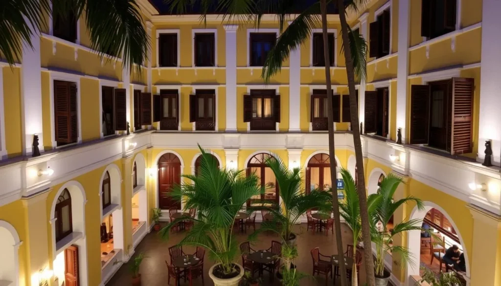 A heritage hotel in Puducherry with French colonial architecture and a courtyard garden