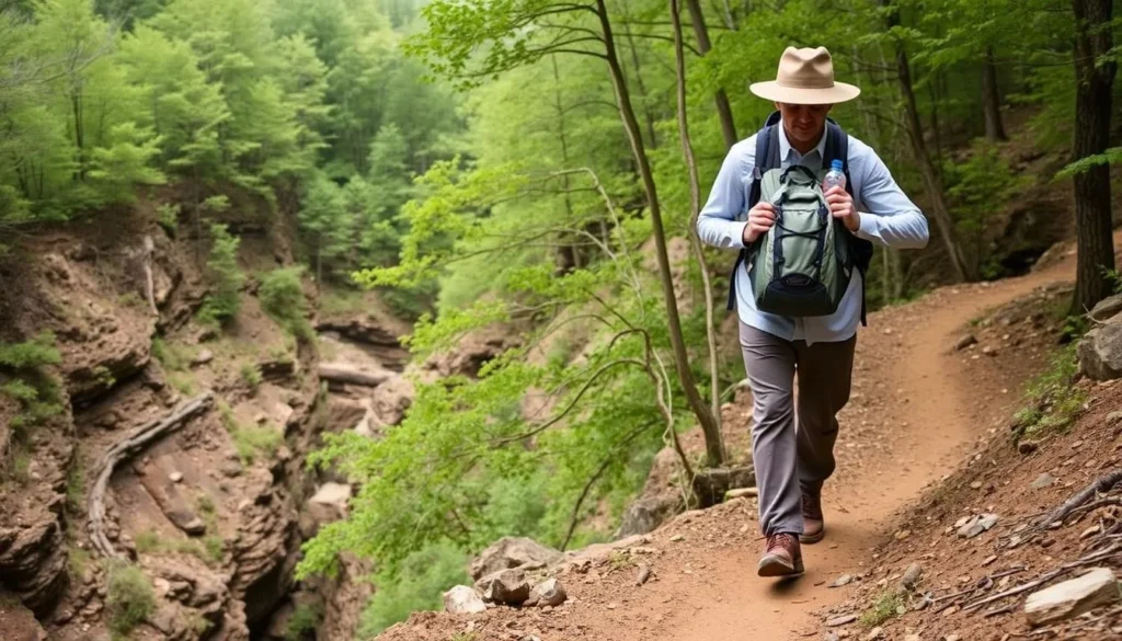 A hiker with proper gear exploring a ravine in the Tunica Hills Wildlife Management Area