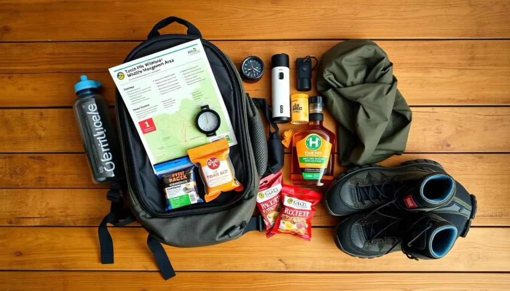 A hiker's backpack with essential gear for exploring Tunica Hills Wildlife Management Area