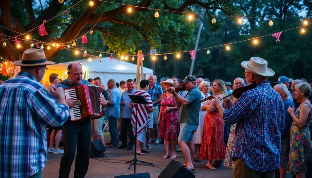 A lively Cajun music performance at a local festival along the Wetlands Cultural Byway in Louisiana