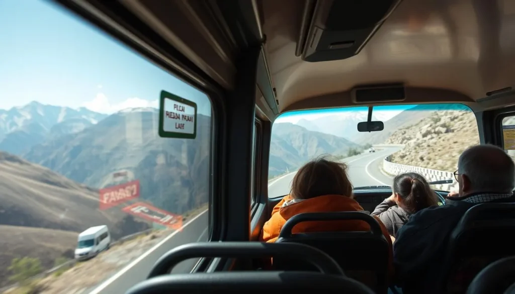 A local marshrutka (minibus) traveling on a mountain road in Ingushetia with scenic views A local marshrutka (minibus) traveling on a mountain road in Ingushetia with scenic views