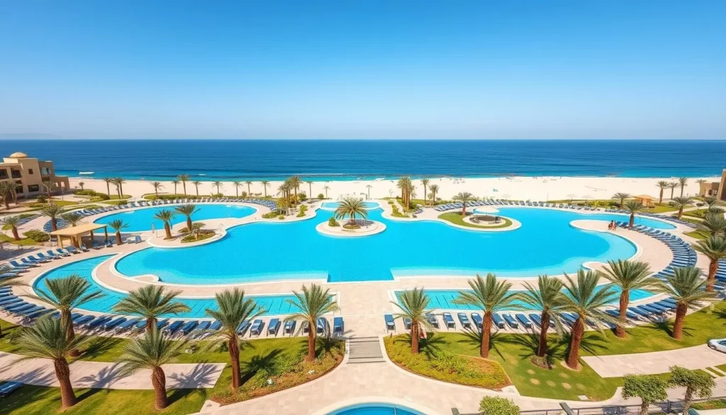 A luxury beachfront resort in Hurghada with swimming pools and palm trees