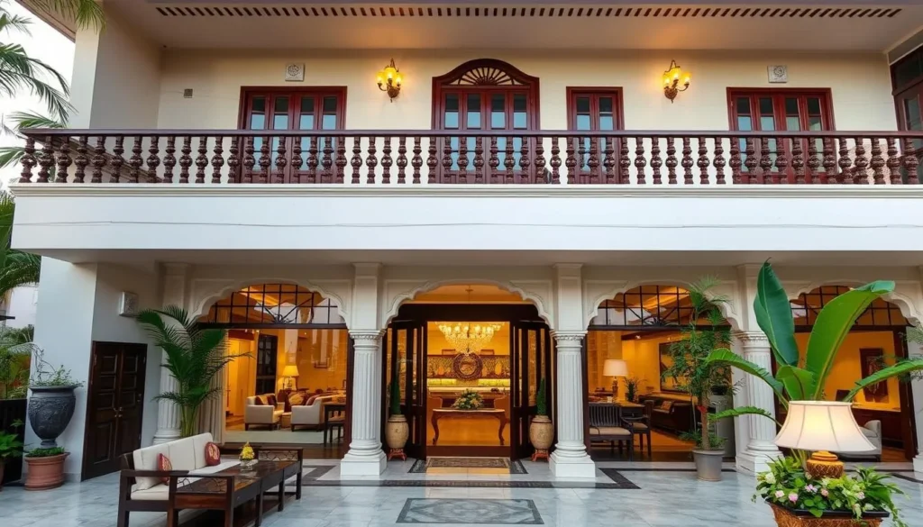 A luxury hotel in Bhubaneswar with traditional Odishan architectural elements and modern amenities