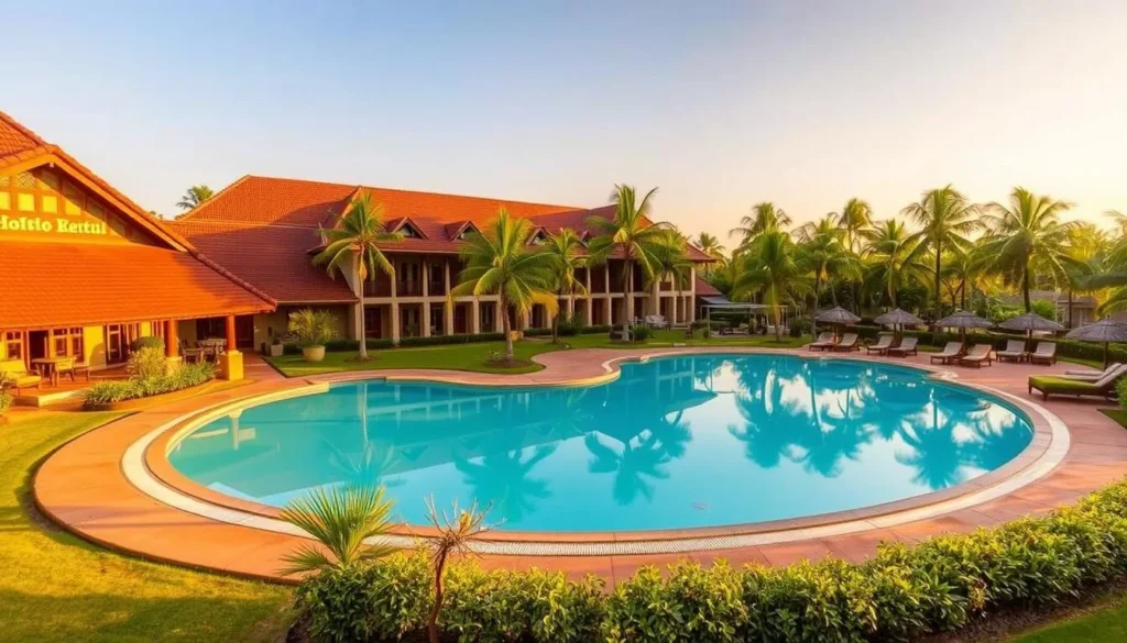 A luxury hotel in Thiruvananthapuram with traditional Kerala architecture and a swimming pool
