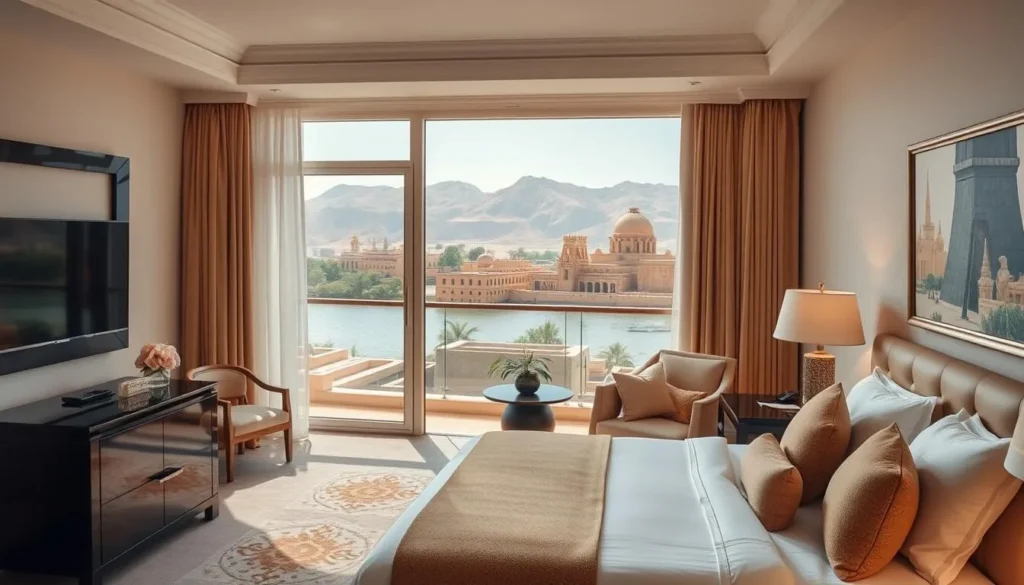 A luxury hotel room with a balcony overlooking the Nile River and ancient temples in Luxor, Egypt