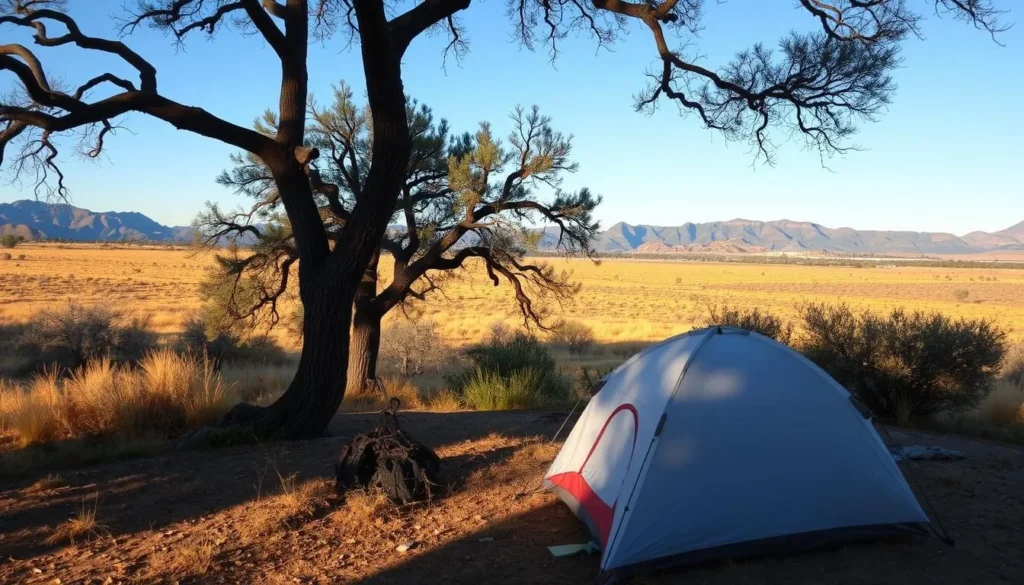 A peaceful campsite at San Rafael State Natural Area with a tent set up among oak trees with grassland views