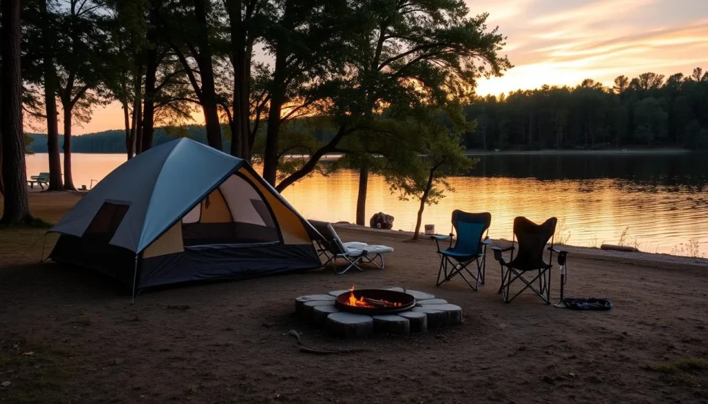 A peaceful campsite at Spring Lake State Park with a tent set up near the lake at sunset