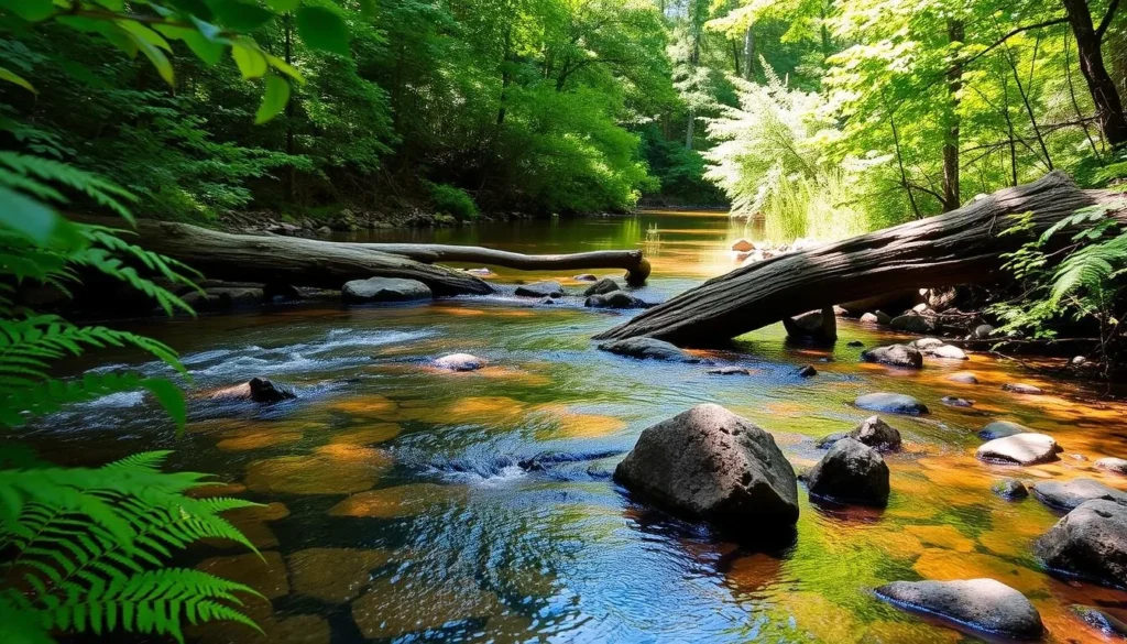 A peaceful creek crossing in the Tunica Hills with clear water flowing over rocks